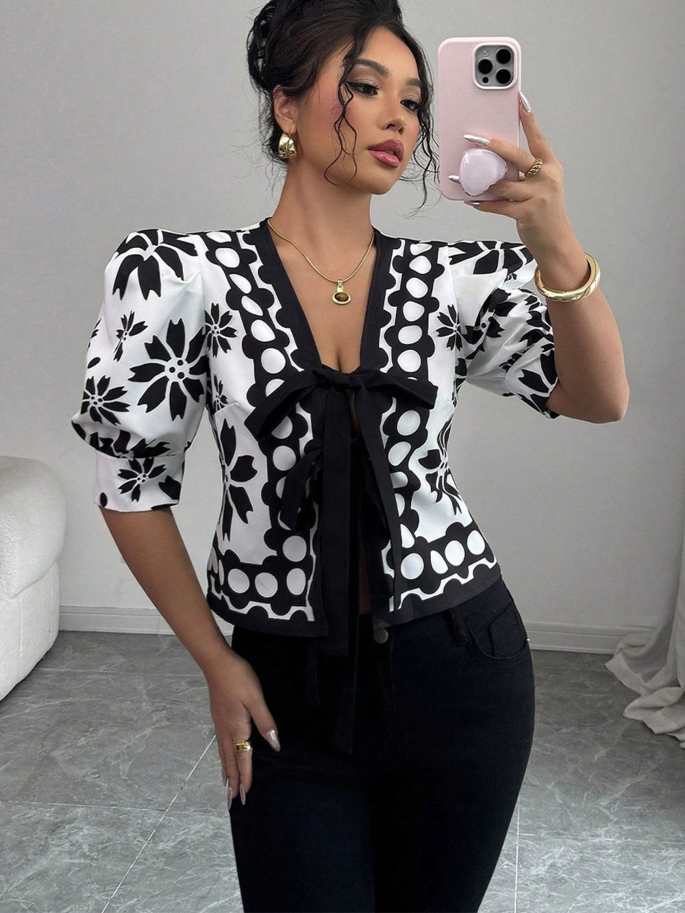 H&M Womens Summer French Floral Print Short Lantern Sleeve Shirt Cardigan